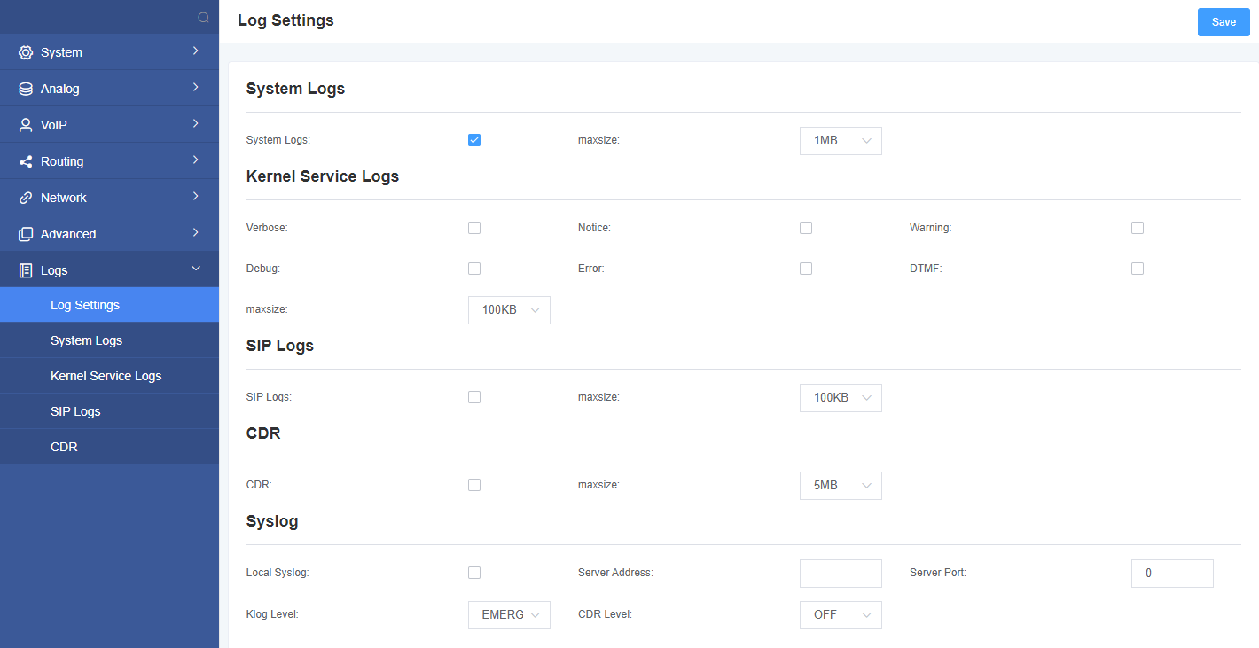AIU-16 Analog Interface Unit User Manual | OpenVox Document Center Log Settings
